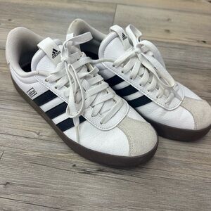 Adidas Women’s White Sneakers with Black Stripes and Brown Sole